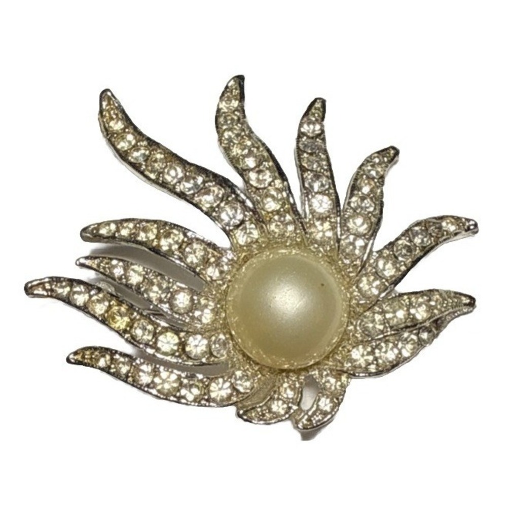 Vintage Silver Tone Spikey Brooch Rhinestone Detail Faux Pearl J20-9